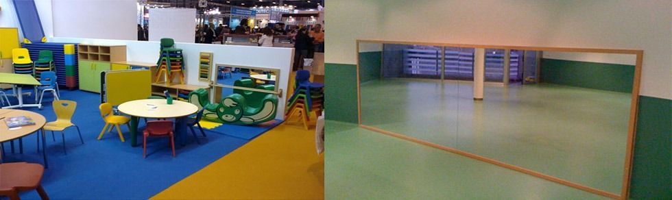 Una imagen de un aula con mesas y sillas y una imagen de un gimnasio con un espejo.