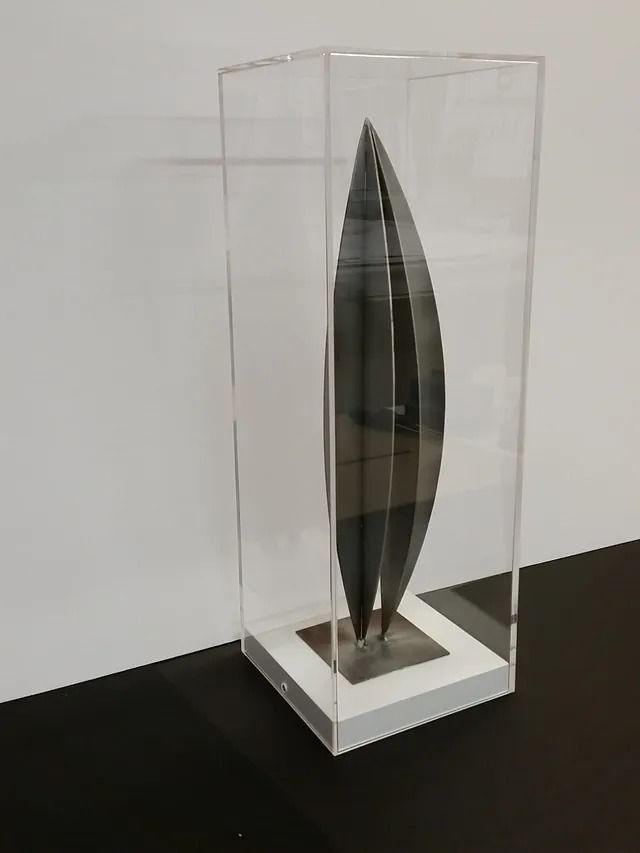 Una escultura de una hoja en una vitrina transparente.
