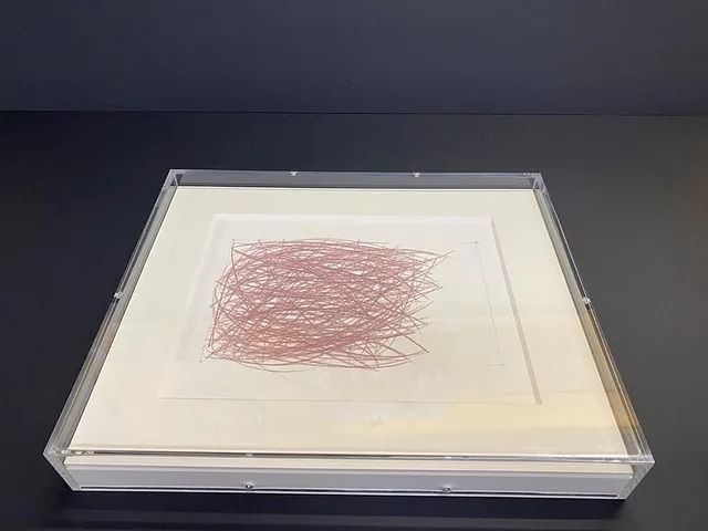 Un cuadro en un marco transparente está sobre una mesa.