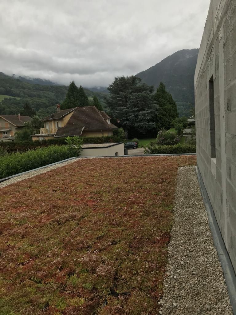 Maison en construction et végétalisation de terrasse sur revêtement d'étanchéité