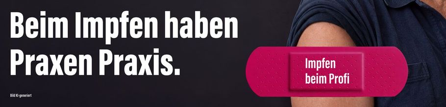 Deutsche Impfkampagne mit dem Text „Beim Impfen haben Praxen Praxis“ und einem pinken Button „Impfen beim Profi“