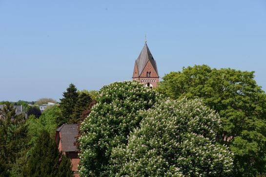 Ein gemauerter Kirchturm ist von Bäumen und Häusern umgeben.