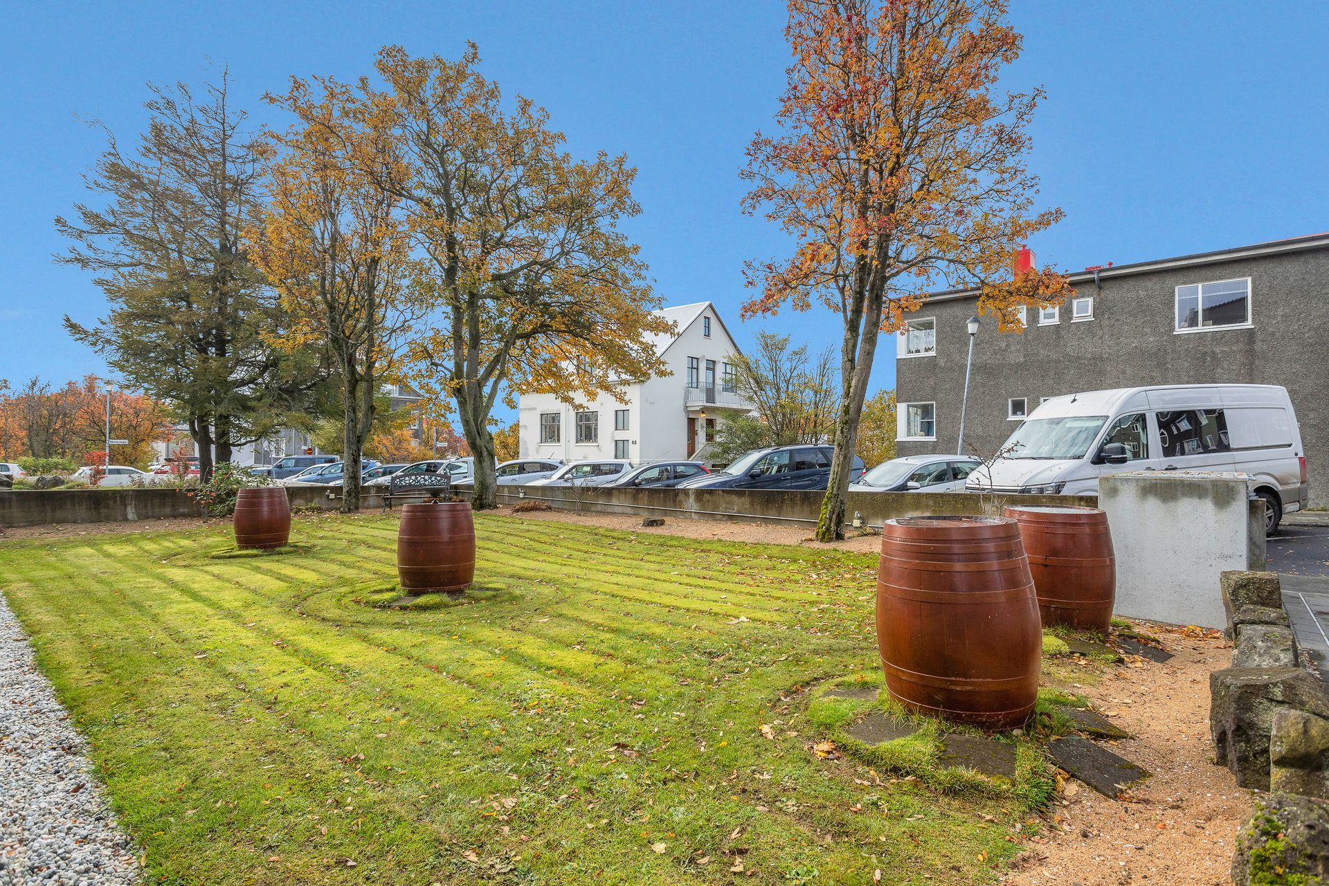 Grassy area with three large barrels, trees, parked cars, and buildings in the background.