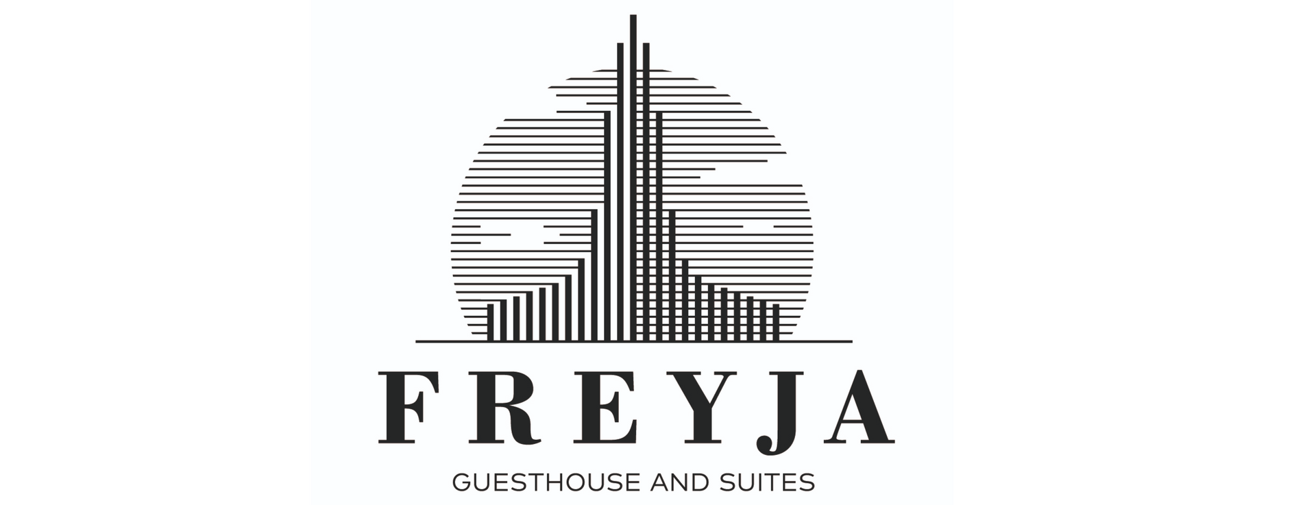 Logo for Freyja Guesthouse and Suites: a stylized tower inside a striped circle, above the name.