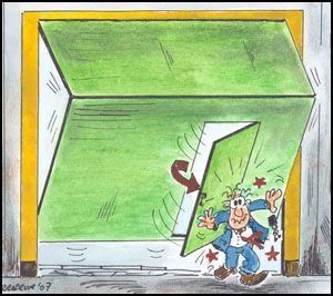 Una caricatura de un hombre abriendo una puerta de garaje verde.