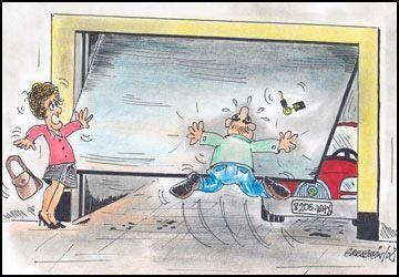 Una caricatura de un hombre cayendo por la puerta de un garaje.