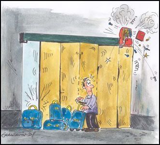 Una caricatura de un hombre empujando equipaje a través de una puerta corrediza.