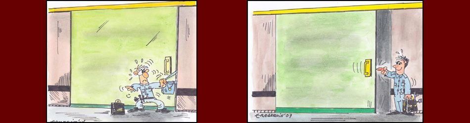 Una caricatura de un hombre parado frente a una ventana.