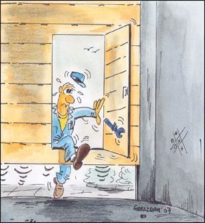 Una caricatura de un hombre intentando abrir una puerta.