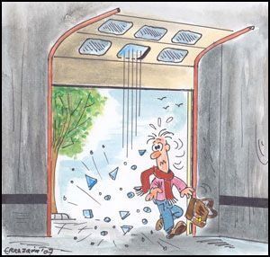 Una caricatura de un hombre caminando por la puerta de un garaje.