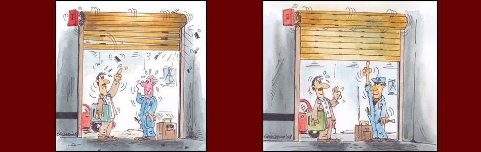 Una caricatura de un hombre parado frente a la puerta de un garaje.