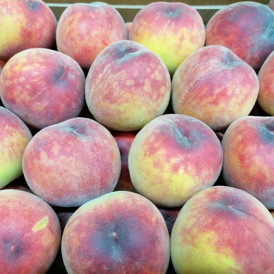 Pila de duraznos maduros, en su mayoría rosados ​​y amarillos, algunos con textura difusa.