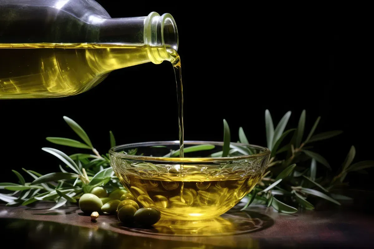 Se vierte aceite de oliva en un recipiente de vidrio, rodeado de aceitunas y ramas de olivo.