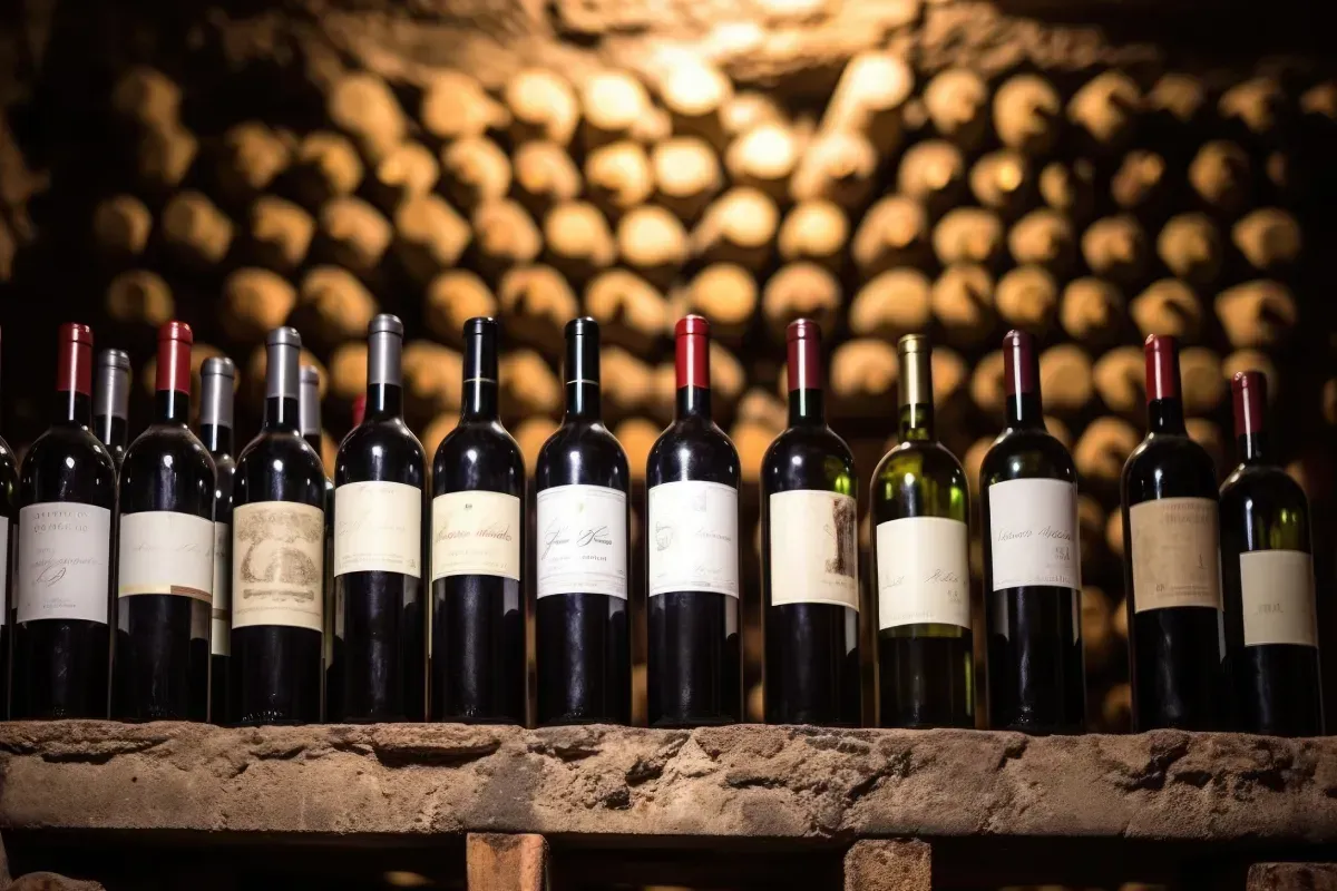 Botellas de vino en una bodega, alineadas en un estante de madera, con más botellas en el fondo.