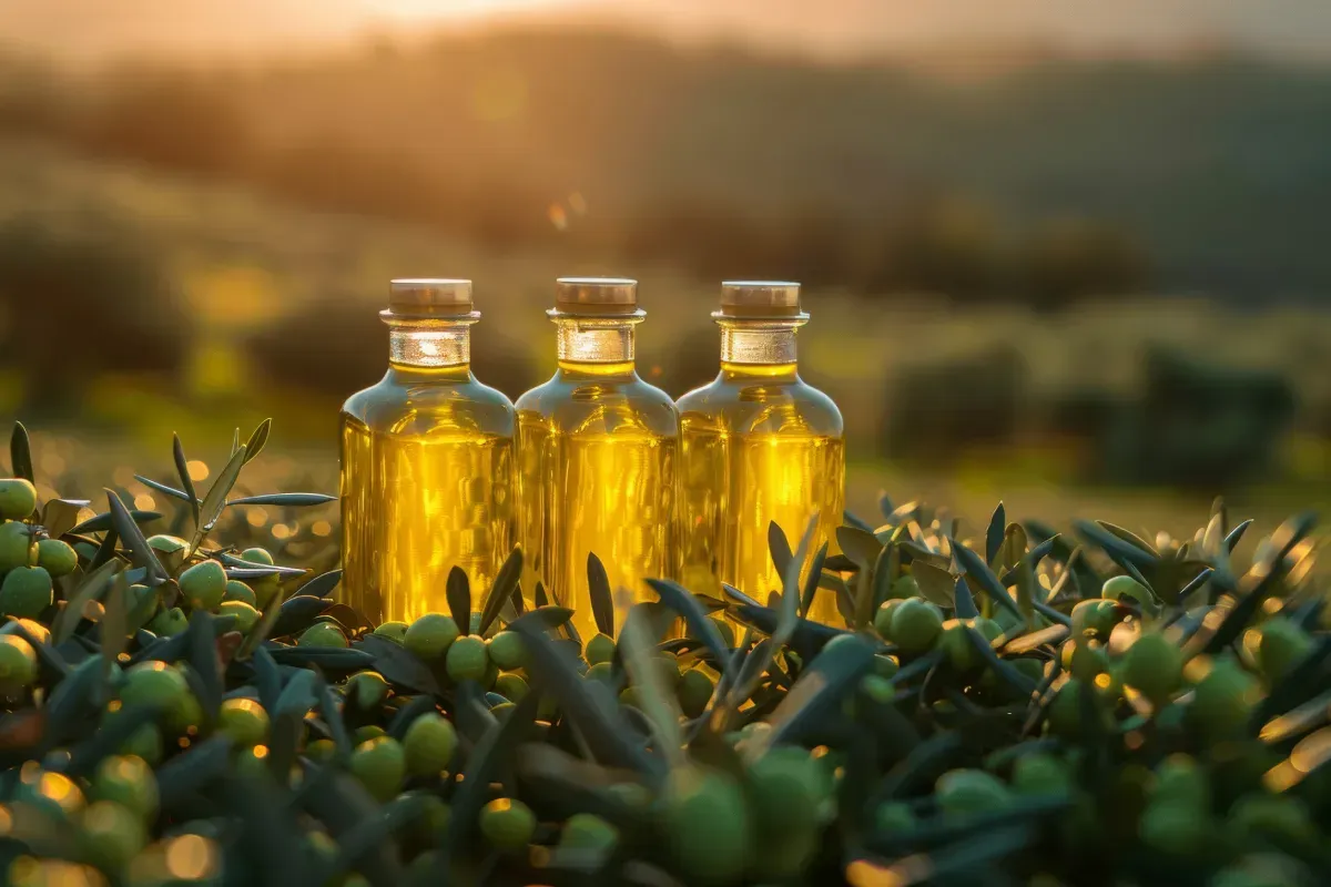 Tres botellas de aceite de oliva sobre un lecho de ramas de olivo con aceitunas en un olivar iluminado por el sol.