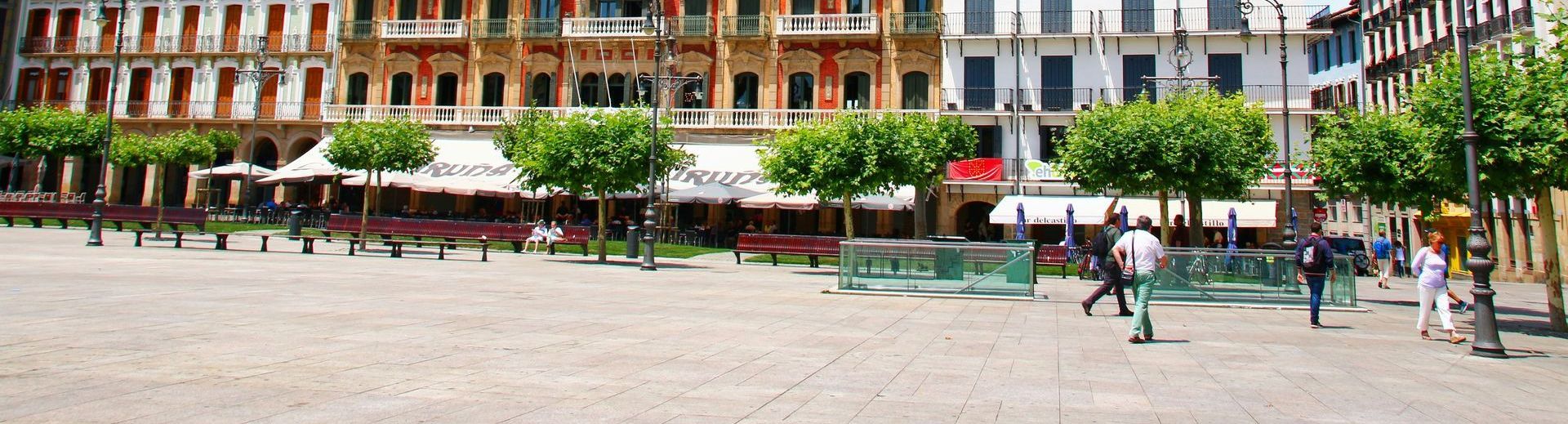 Gente caminando en una plaza con árboles y edificios, día soleado.