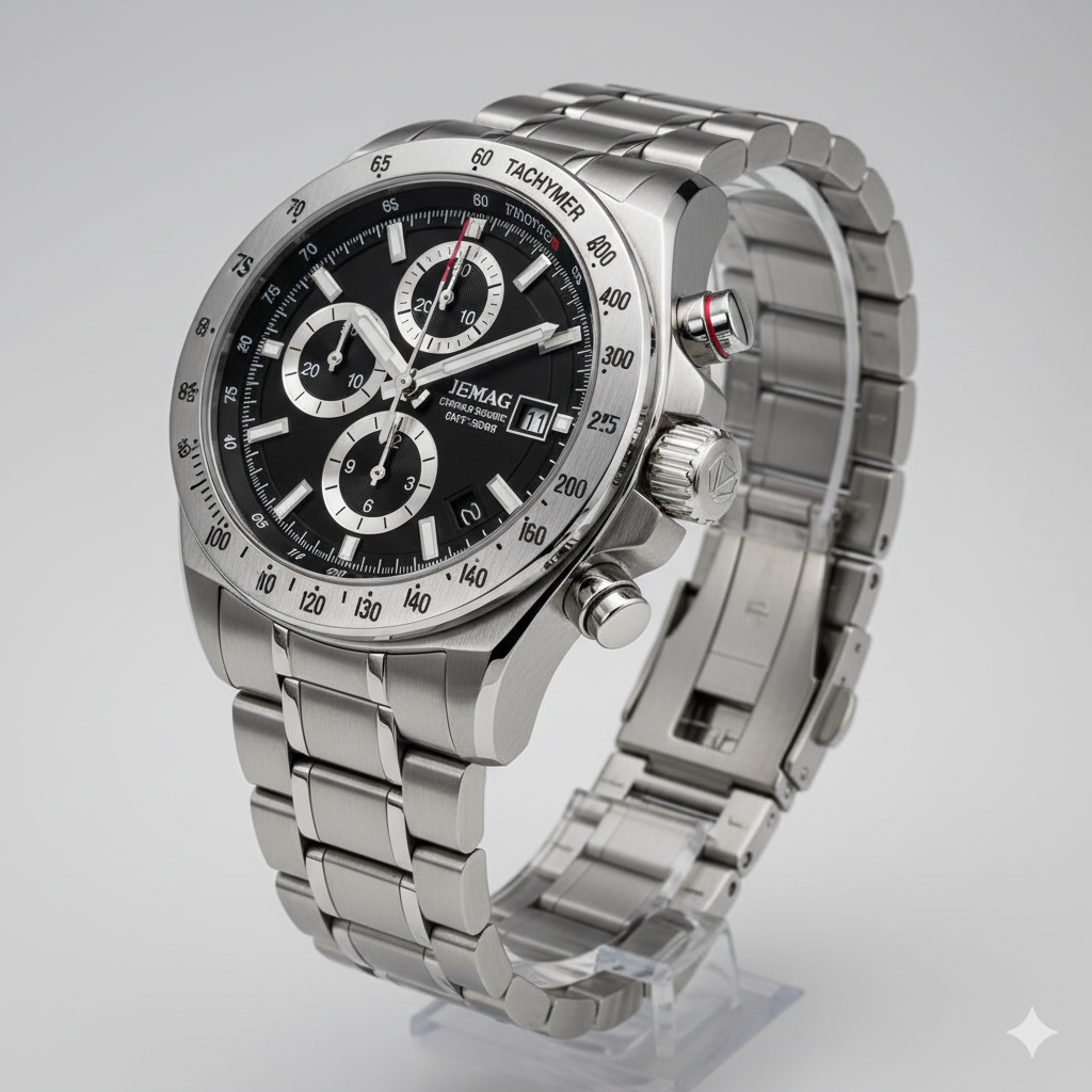 Reloj de pulsera plateado con esfera negra y correa de metal plateado.