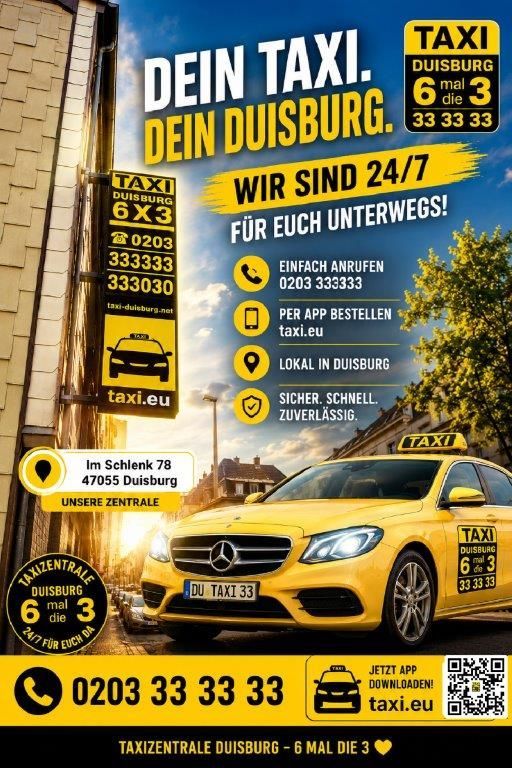 Gelbe Taxiwerbung für Taxi Duisburg mit Mercedes-Fahrzeug, Telefonnummer und 24/7-Servicedetails
