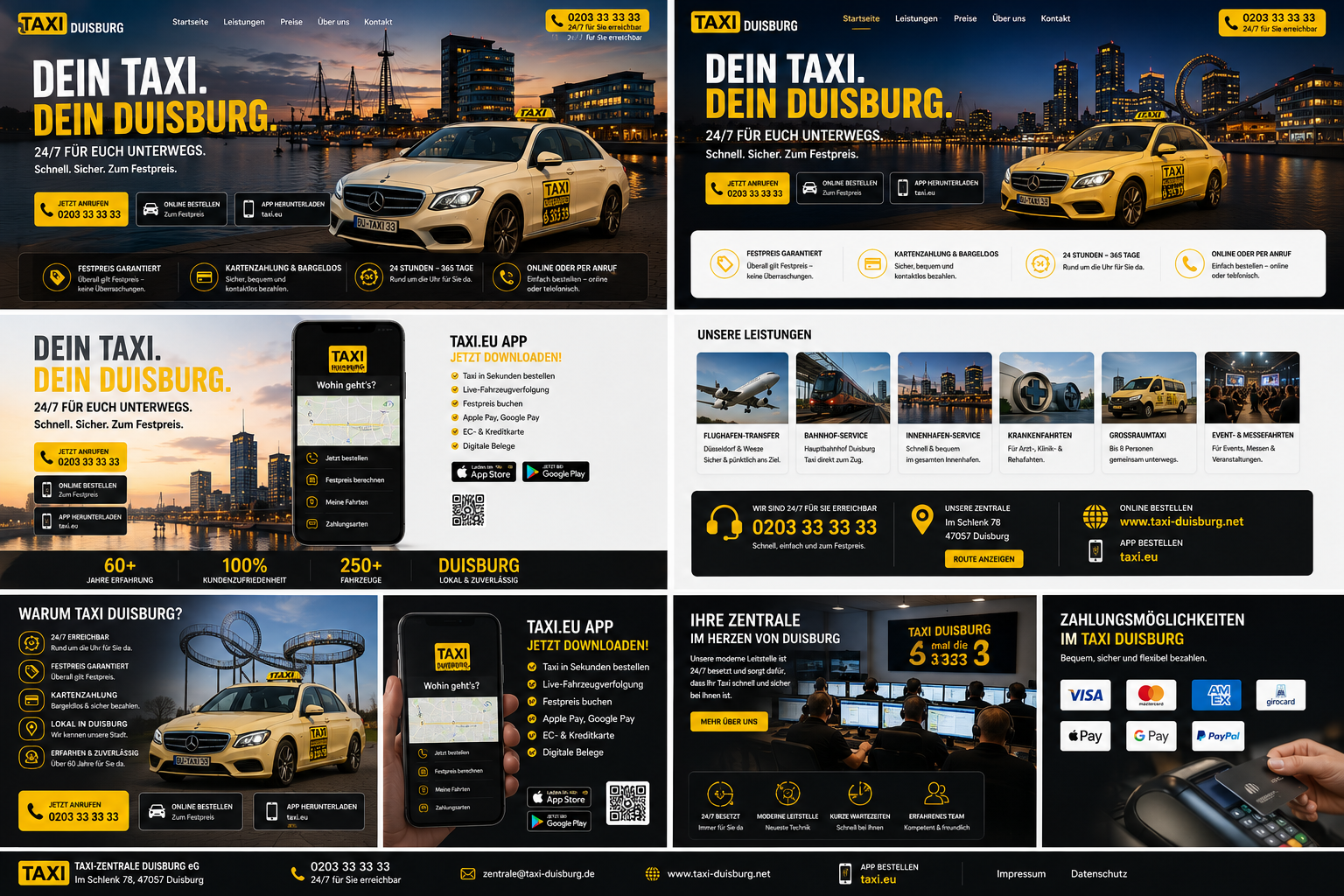 Flyer Mockup Website-Mockup eines Taxiunternehmens in Schwarz und Gelb, mit Autos, Stadtansichten und Buchungs-/Kontaktbereichen