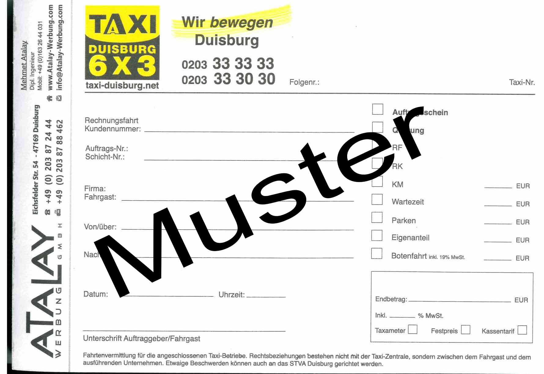 Deutsches Taxirechnungsformular mit gelbem TAXI Duisburg-Logo und großem diagonalen „Muster“-Wasserzeichen