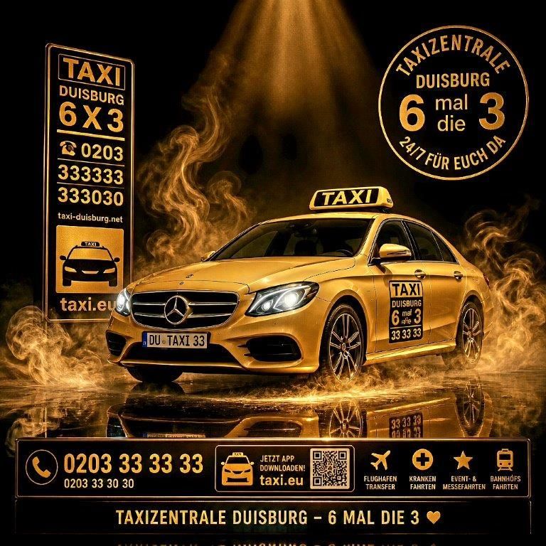 Gold Taxi Duisburg-Werbung mit Mercedes-Fahrzeug, Telefonnummer und Serviceinformationen auf schwarzem Hintergrund