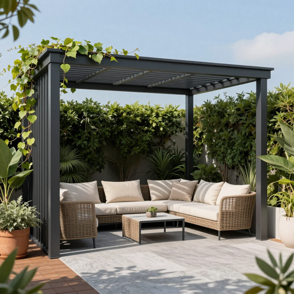 Pérgola bioclimática en jardín