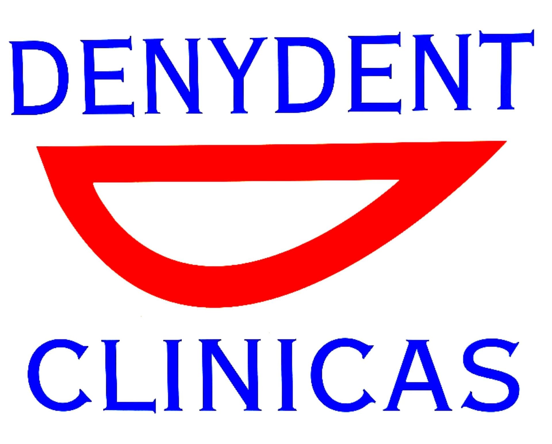 Un logotipo rojo y azul para las clínicas Denydent.