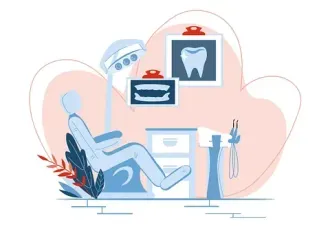 Una persona está sentada en una silla dental en un consultorio dental.