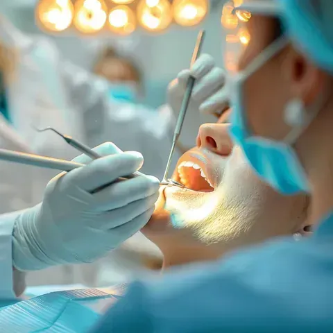 Un dentista está examinando los dientes de un paciente en un consultorio dental.