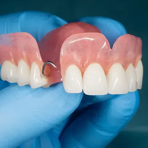 Una persona sostiene una dentadura postiza en su mano.