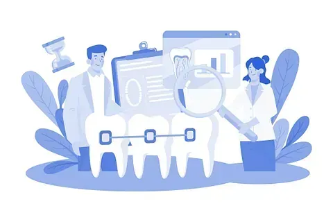 Un dentista está examinando los dientes de un paciente con aparatos ortopédicos.