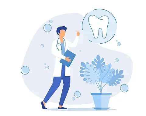 Un dentista está de pie junto a una planta en maceta con un diente dibujado en ella.