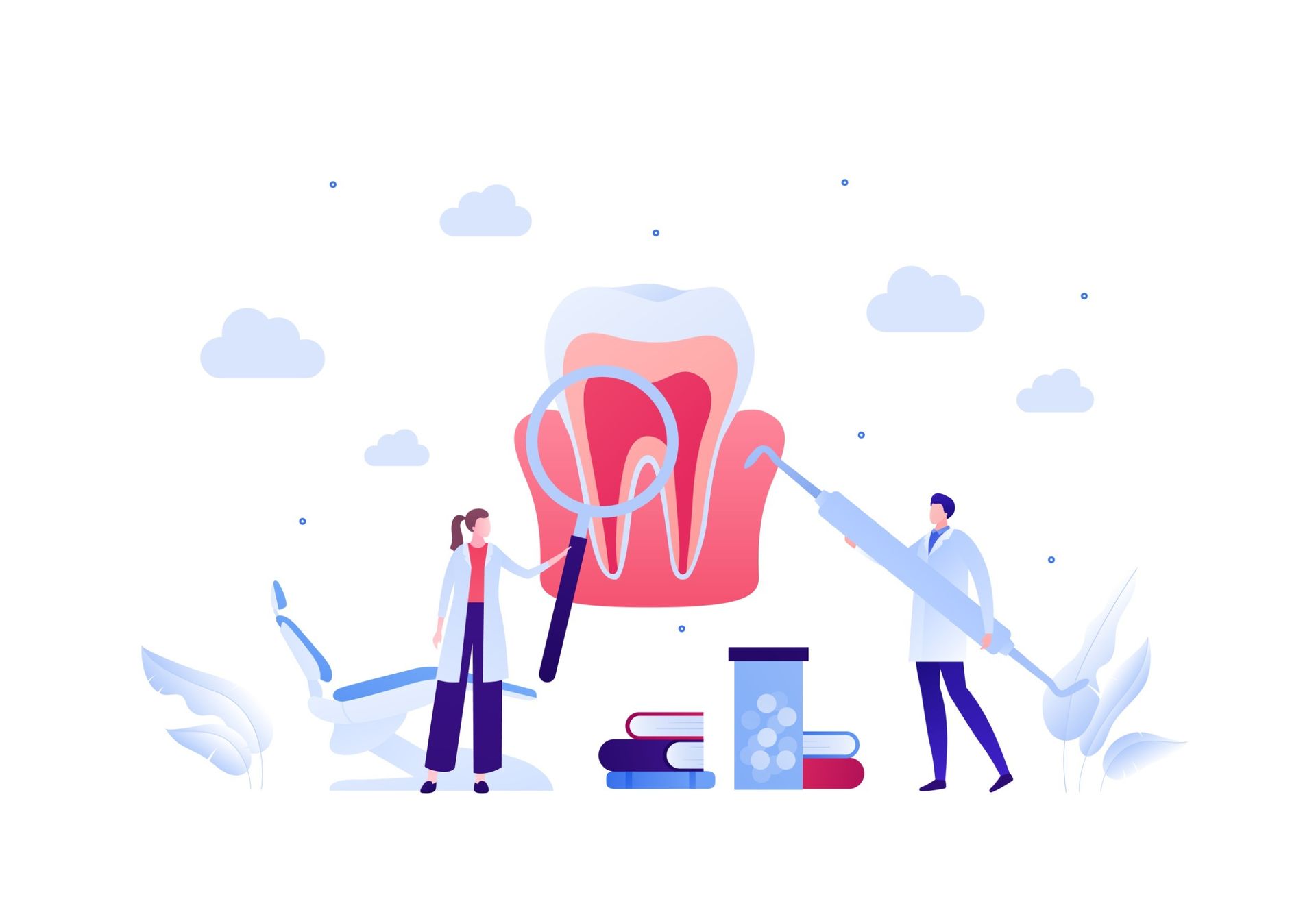 Un dentista está examinando un diente con una lupa y una jeringa.