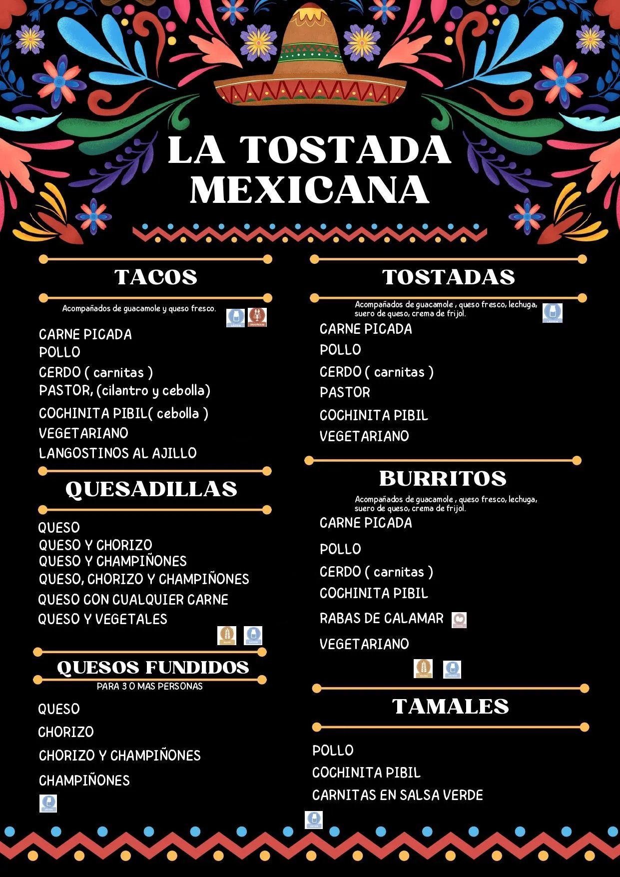 A menu for a restaurant called la tostada mexicana