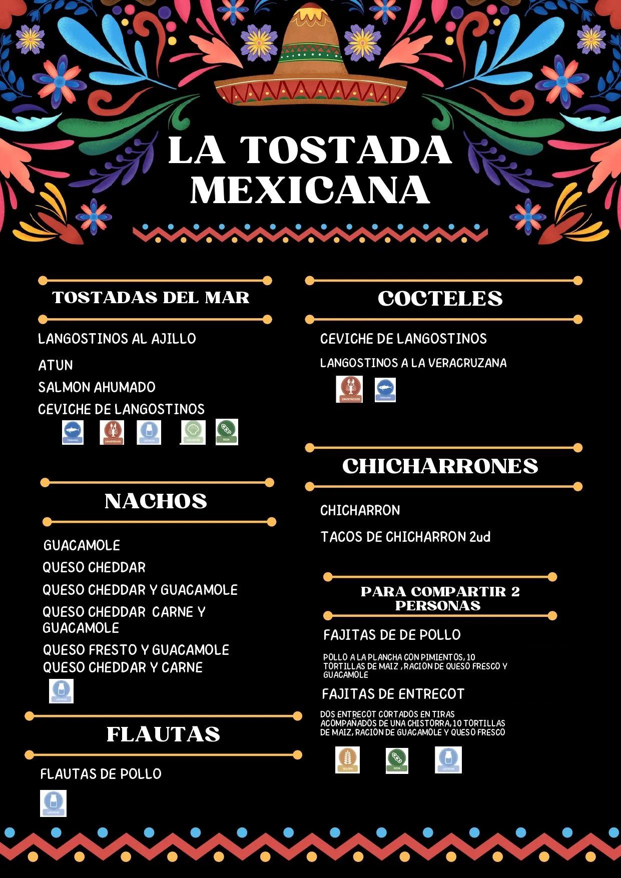 A menu for a restaurant called la tostada mexicana