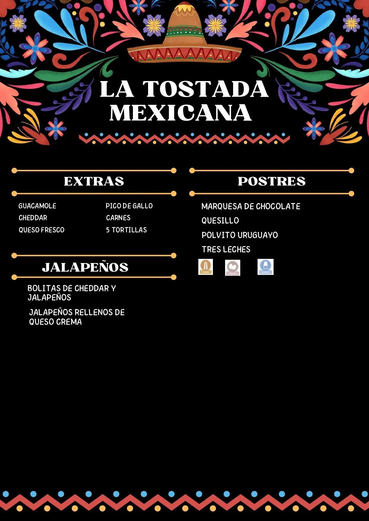 A menu for a restaurant called la tostada mexicana