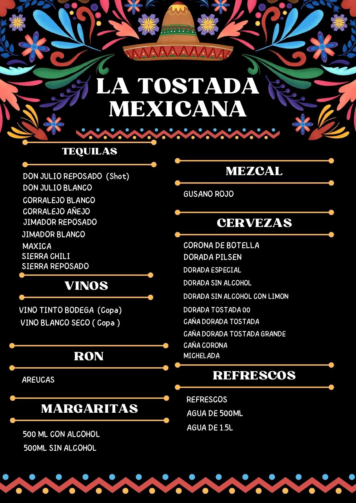 A menu for a restaurant called la tostada mexicana