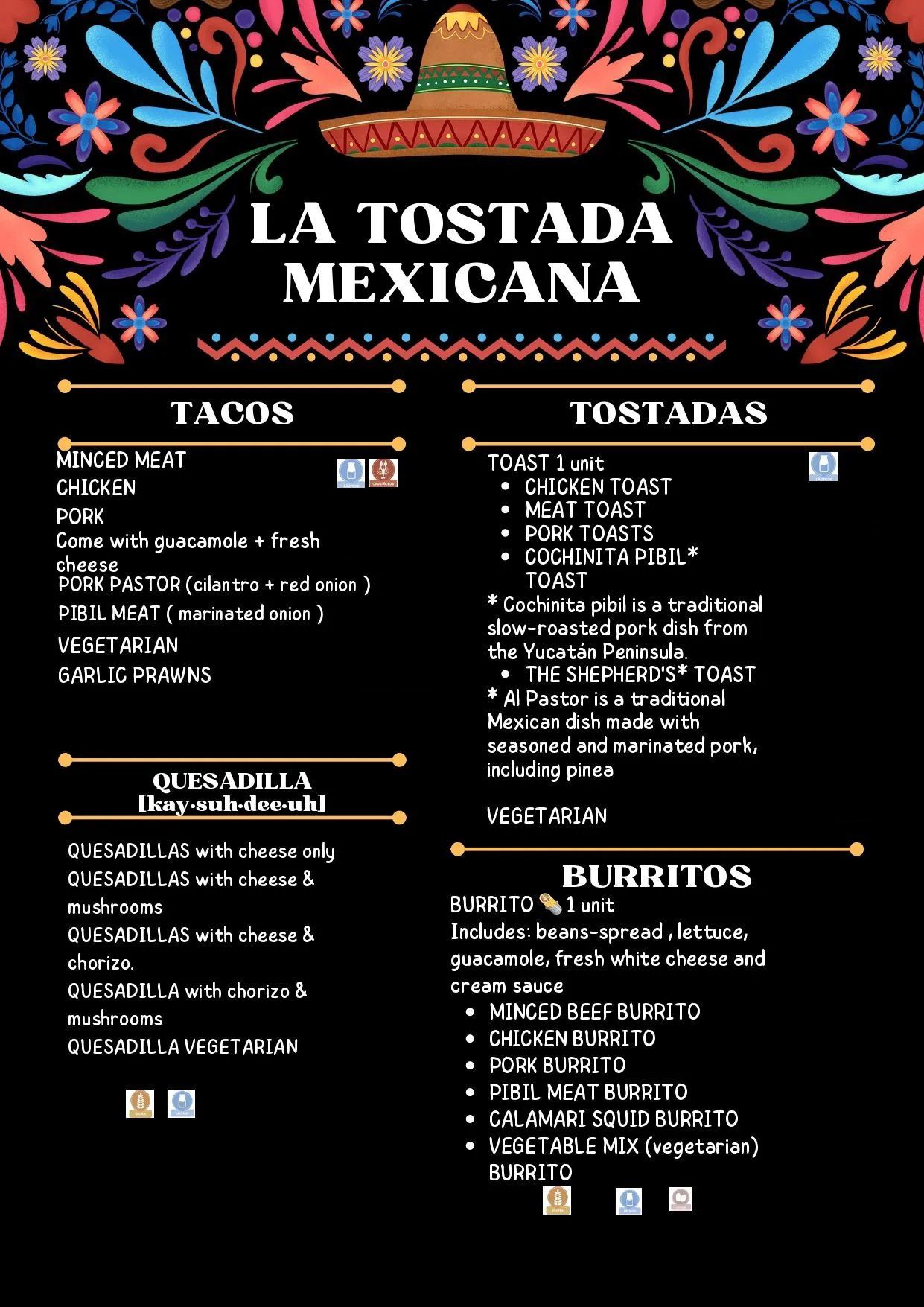 A menu for a restaurant called la tostada mexicana