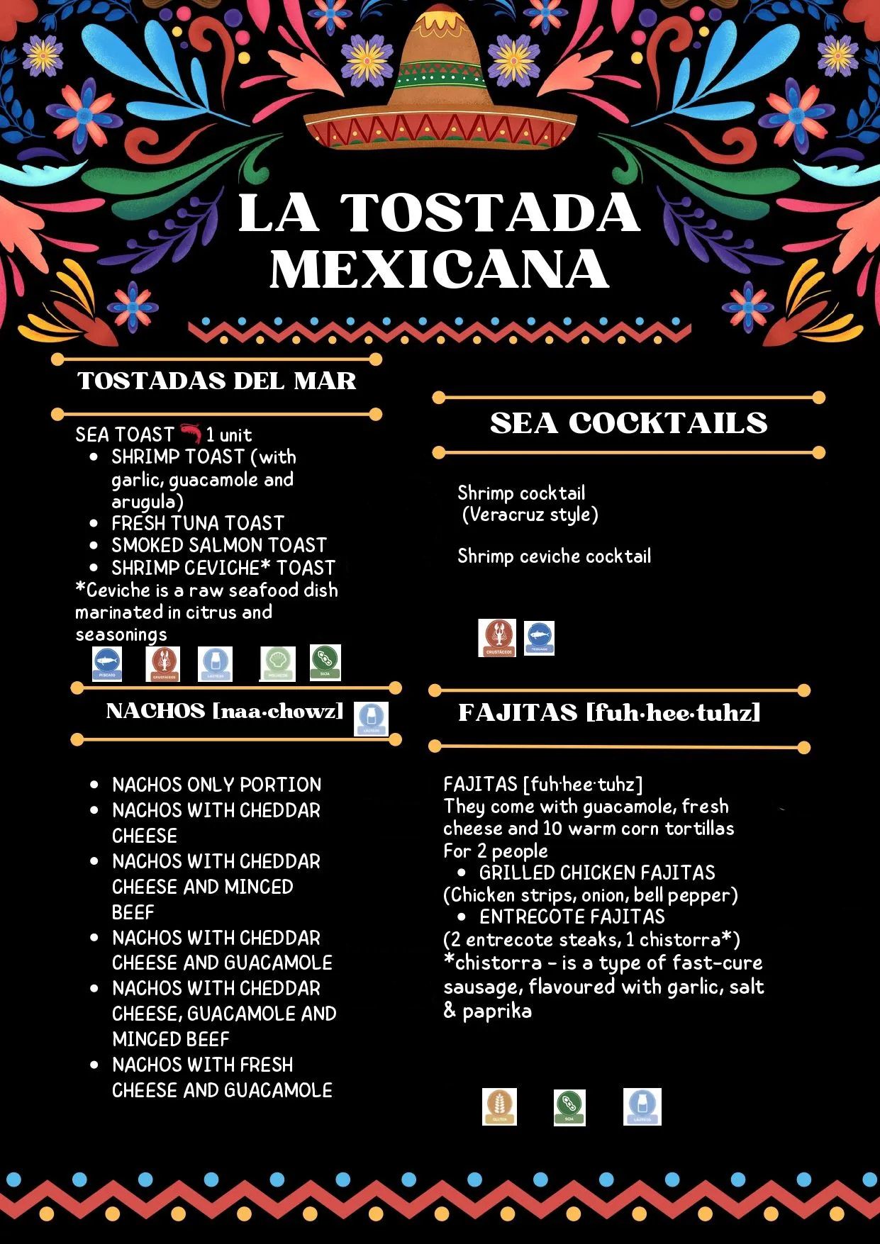 A menu for a restaurant called la tostada mexicana