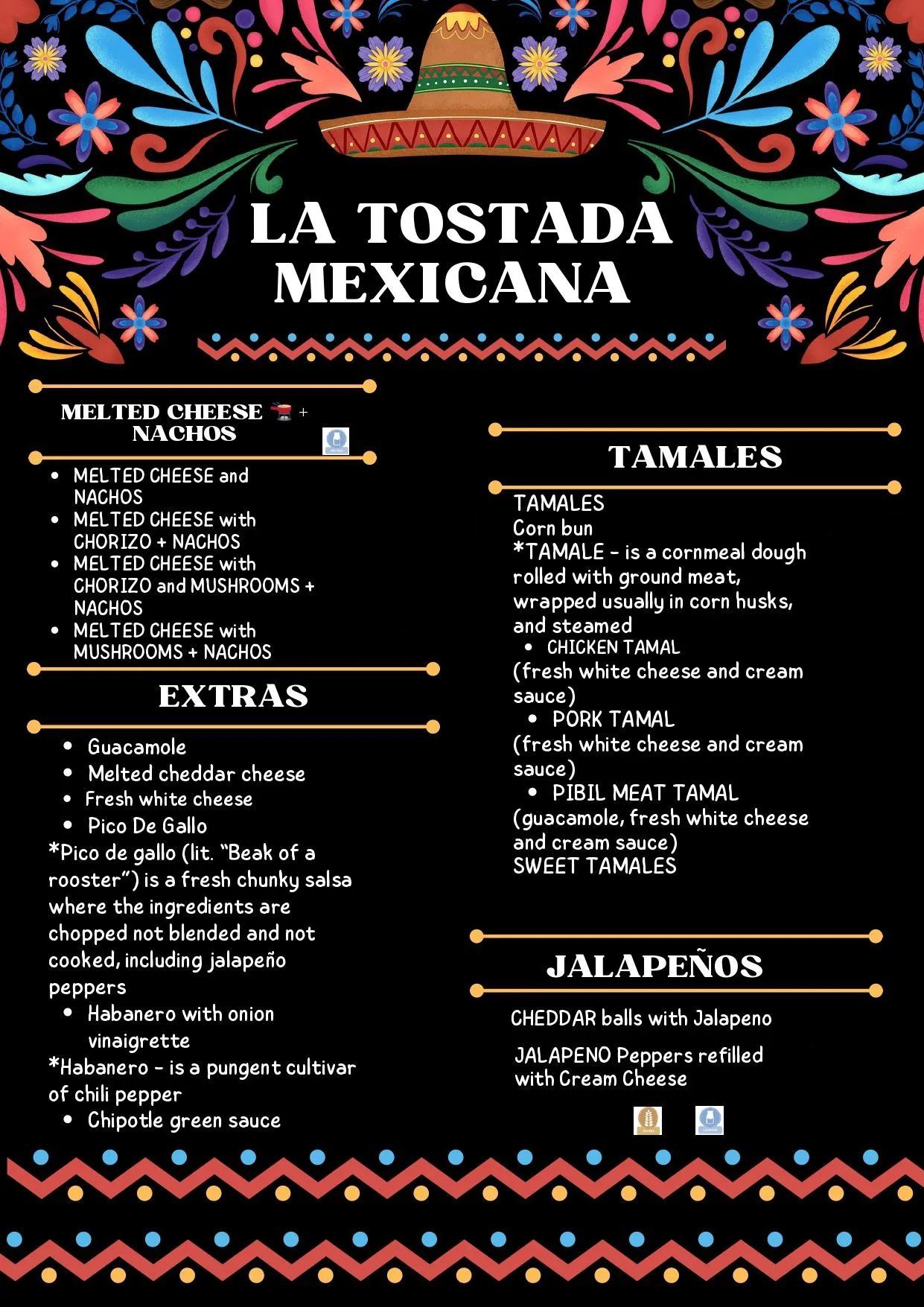 A menu for a restaurant called la tostada mexicana