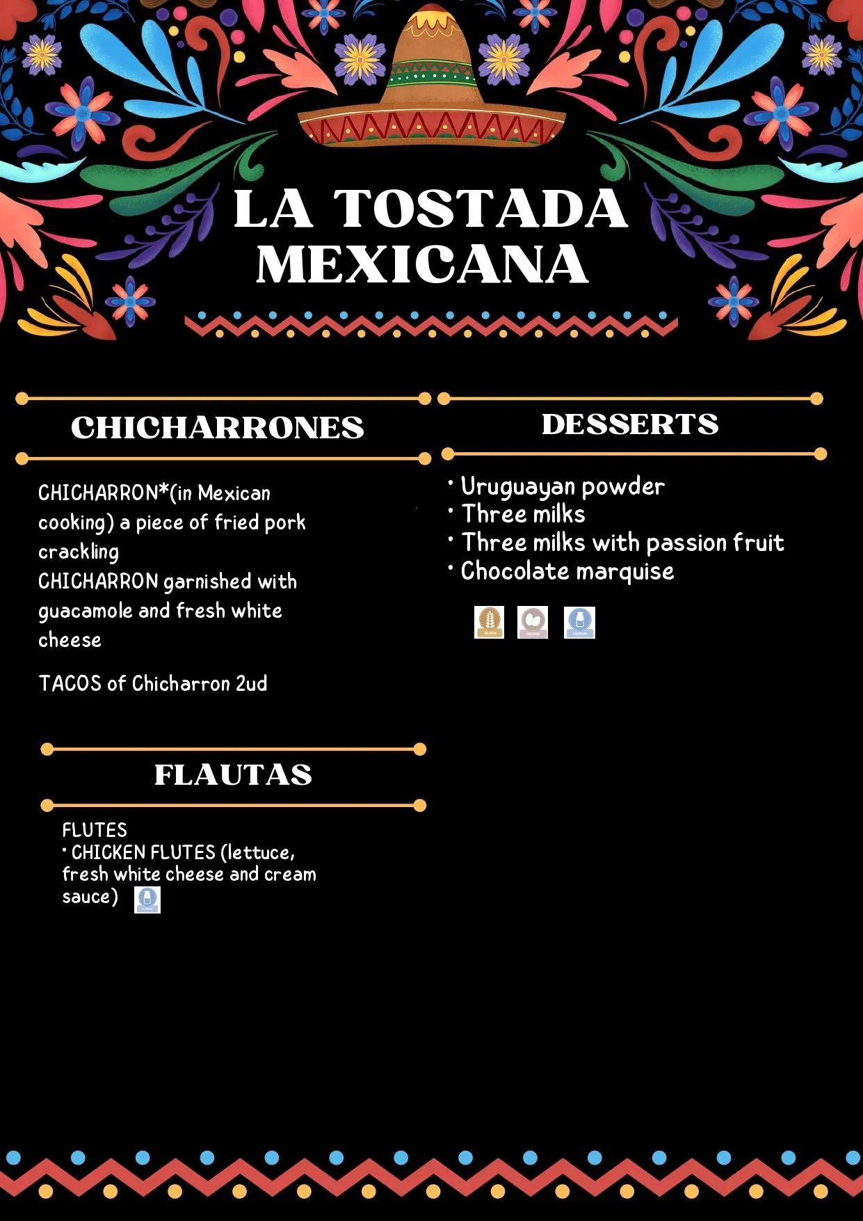 A menu for a restaurant called la tostada mexicana