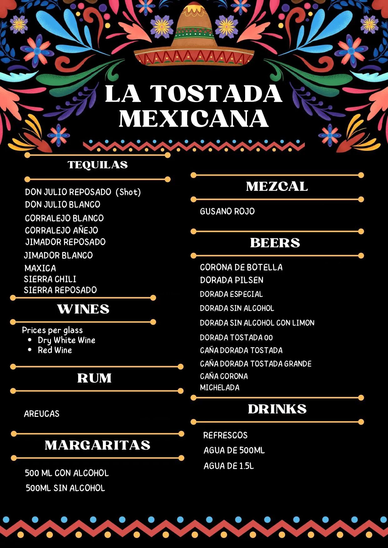 A menu for a restaurant called la tostada mexicana