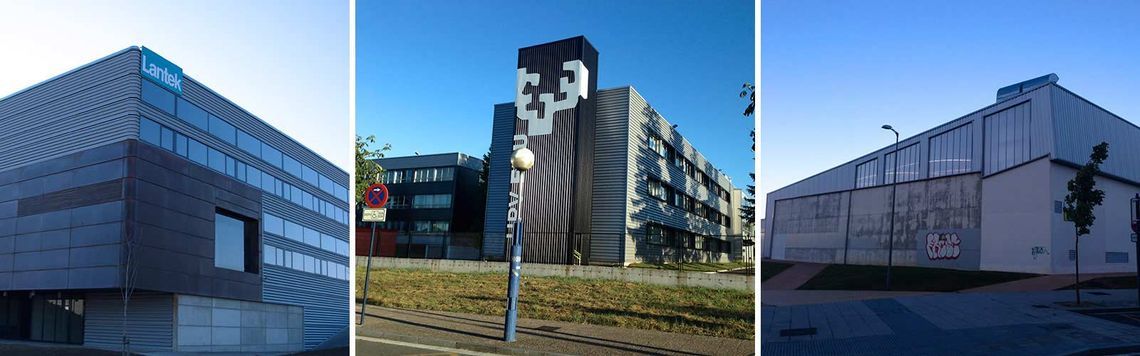 Un collage de tres imágenes de edificios con un cielo azul de fondo.