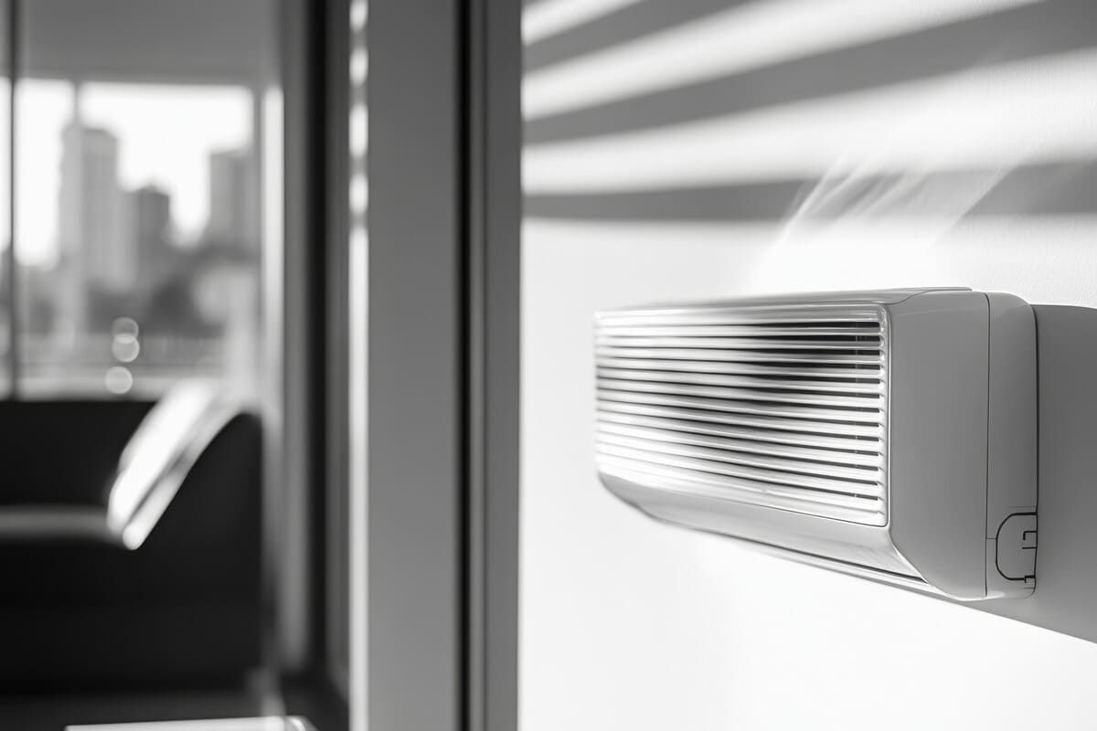 Una fotografía en blanco y negro de un acondicionador de aire montado en la pared en una sala de estar.