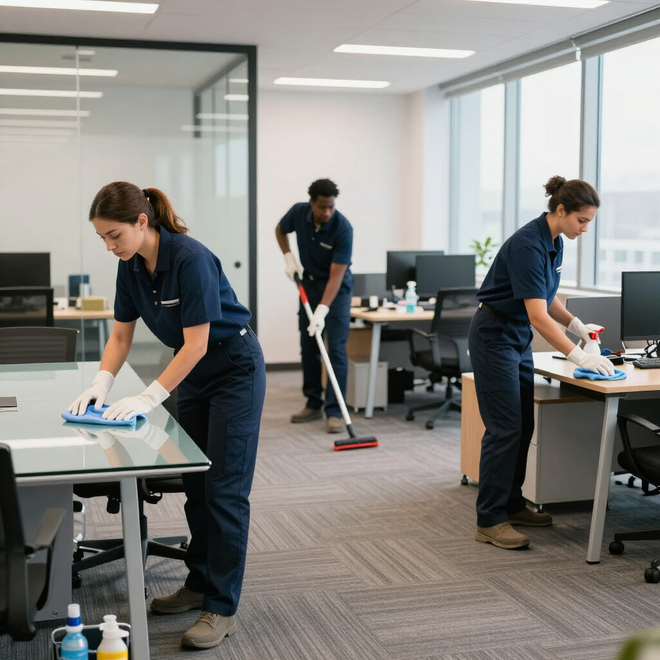 Personal de limpieza de oficinas limpiando escritorios y fregando los suelos en un espacio de trabajo moderno y luminoso