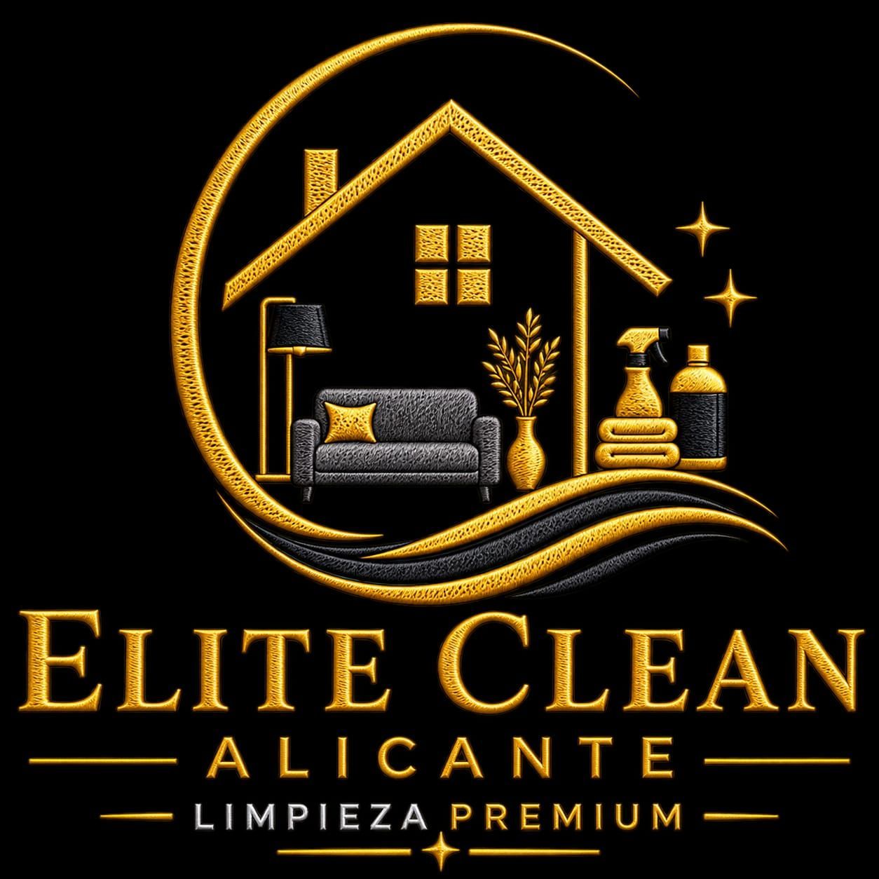 Logotipo dorado de Elite Clean Alcantar, con una casa, un sof&aacute;, utensilios de limpieza y &laquo;Limpieza Premium&raquo; sobre fondo negro.
