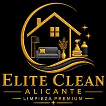 Logotipo dorado de Elite Clean Alcantar, con una casa, un sof&aacute;, utensilios de limpieza y &laquo;Limpieza Premium&raquo; sobre fondo negro.