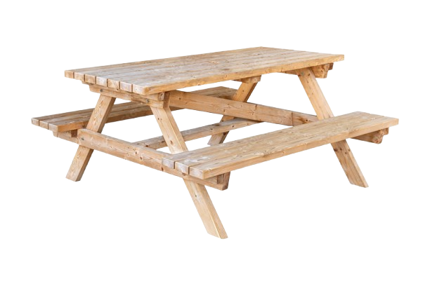 Une table de pique-nique en bois brun clair avec des bancs intégrés, isolée sur un fond blanc.