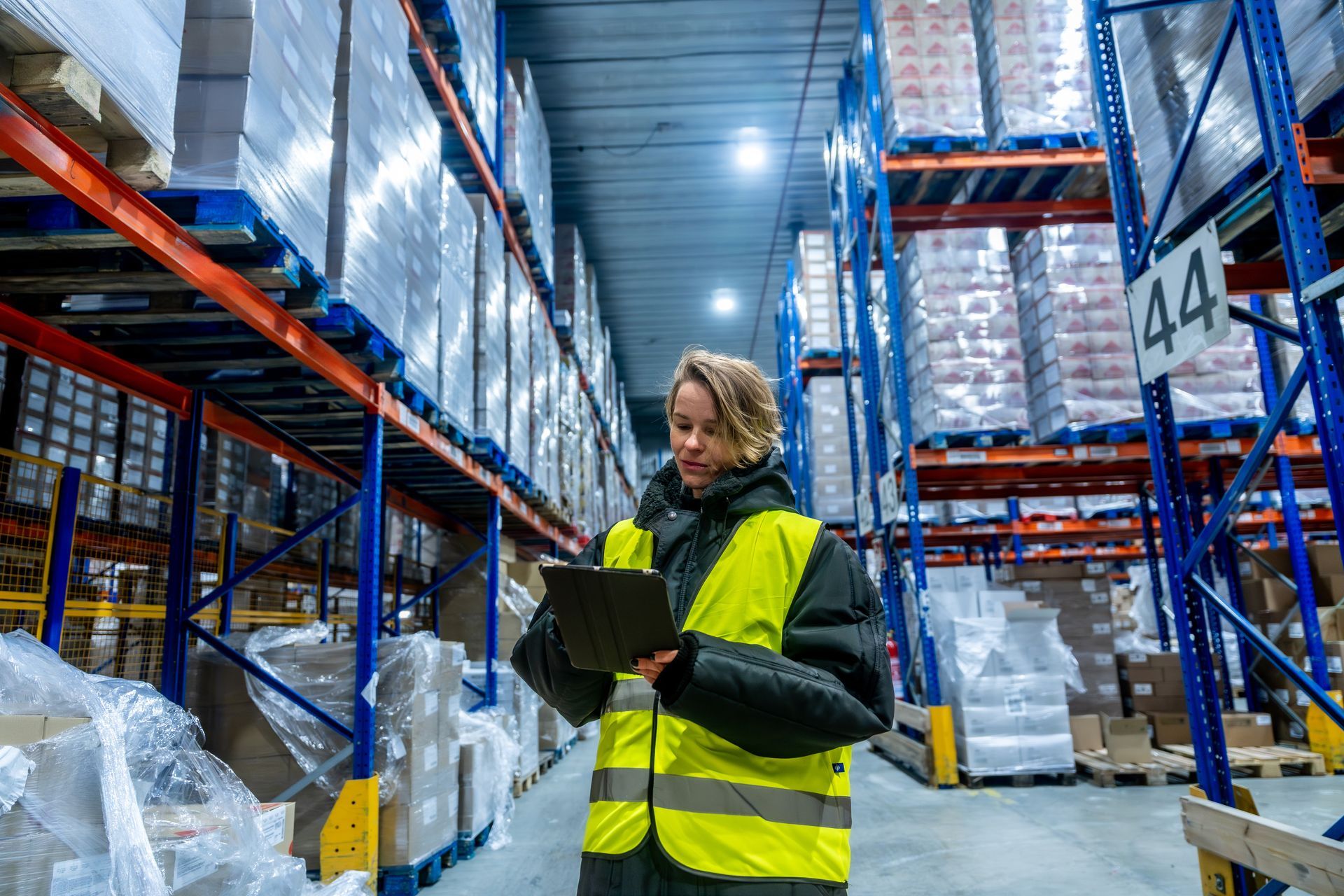 Un employé d'entrepôt, vêtu d'un gilet haute visibilité, consulte des données sur une tablette numérique, debout entre de grands rayonnages de stockage.