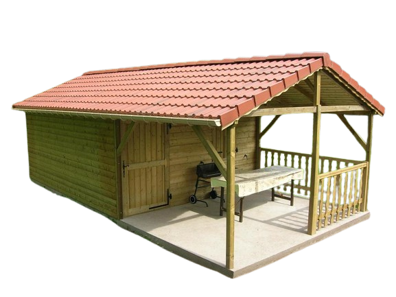 Une cabane en bois au toit de tuiles rouges, comprenant un espace de rangement fermé et une véranda couverte ouverte avec une petite table.
